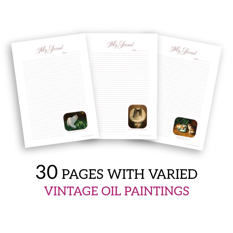 Cats Printable Journal Pages Vintage Oil Painting, three featured templates shown in a fan position, showcasing the art variety.