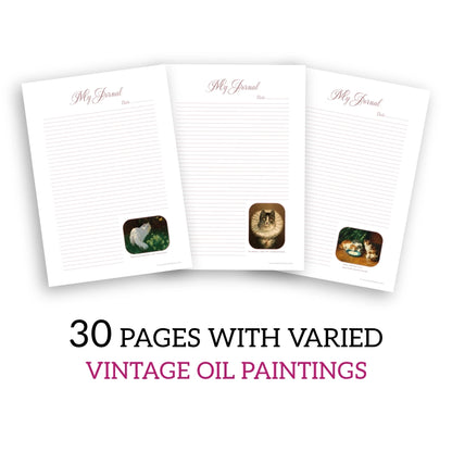 Cats Printable Journal Pages Vintage Oil Painting, three featured templates shown in a fan position, showcasing the art variety.