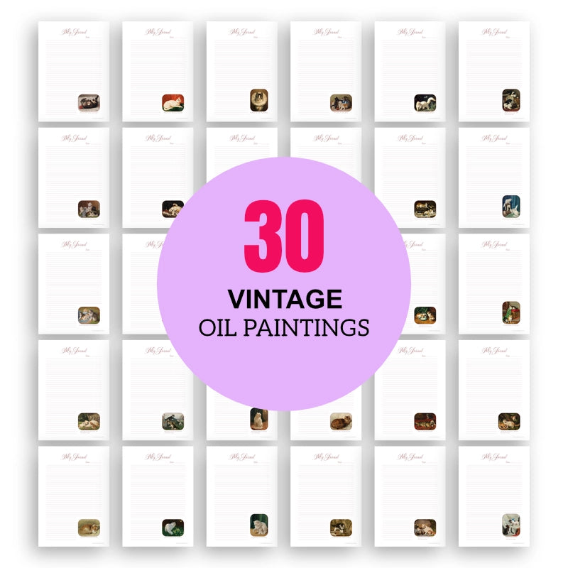 Cats Template Journal Pages Vintage Oil Painting, full mural display of all 30 unique pages, highlighting the varied vintage illustrations.