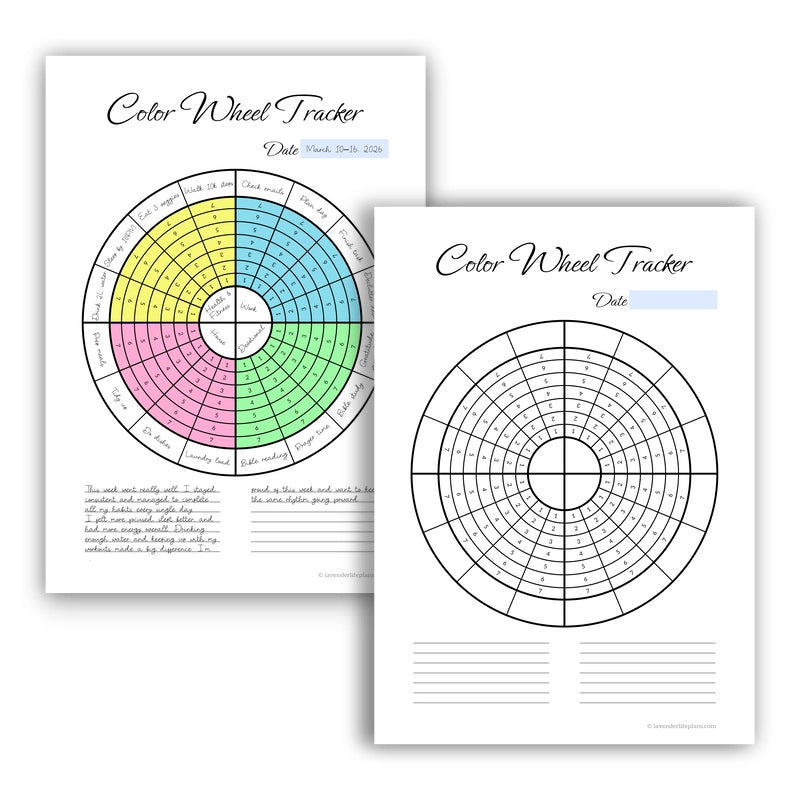 Side-by-side view of the Color Wheel Circular Weekly Habit Tracker showing the blank template and an example of the 'color by area' technique, with each quadrant filled in a single solid color to highlight focus.