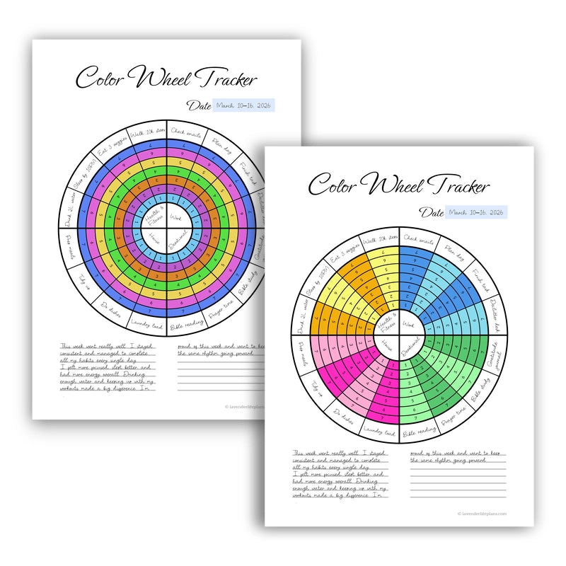A comparison of two coloring styles for the Color Wheel Circular Weekly Habit Tracker: one example showing the 'color by day' method using colored rings, and another showing the 'color by area' method using different tones.