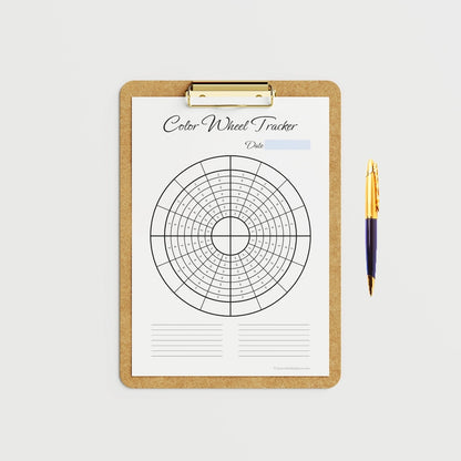 A mockup showing the clean, printed black and white Color Wheel Circular Weekly Habit Tracker template displayed on a clipboard, ready to be filled out.