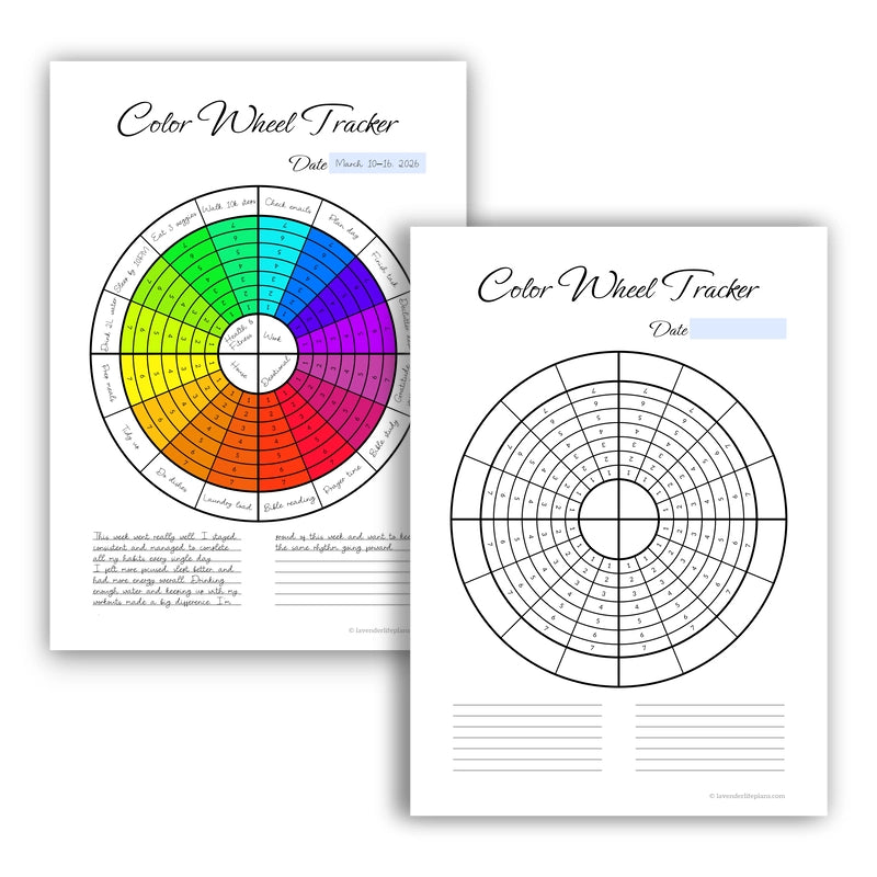 A before-and-after view of the Color Wheel Circular Weekly Habit Tracker, showing the blank printable template next to a fully colored example inspired by a classic color wheel.