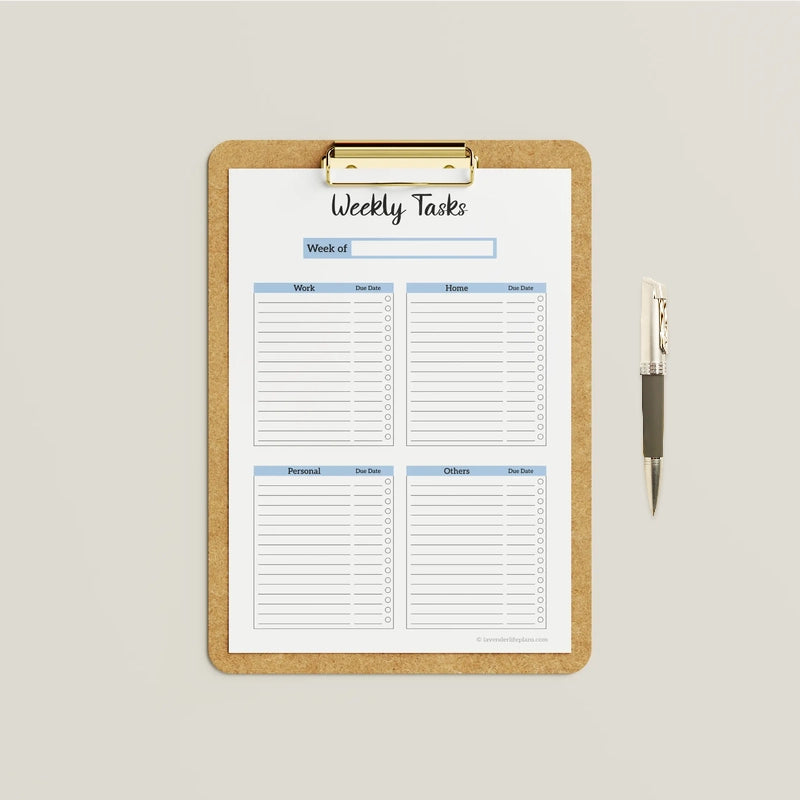 Mockup of the blue Core Four Weekly Planner template, featuring the 4-section layout for organizing tasks and due dates.