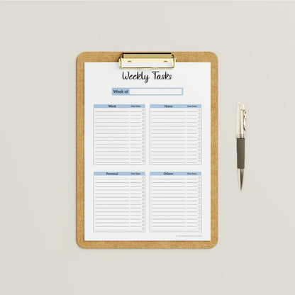 Mockup of the blue Core Four Weekly Planner template, featuring the 4-section layout for organizing tasks and due dates.