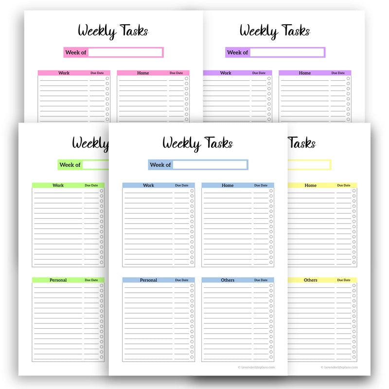 All five color versions of the pre-categorized Core Four Weekly Planner template, designed for balanced weekly planning.