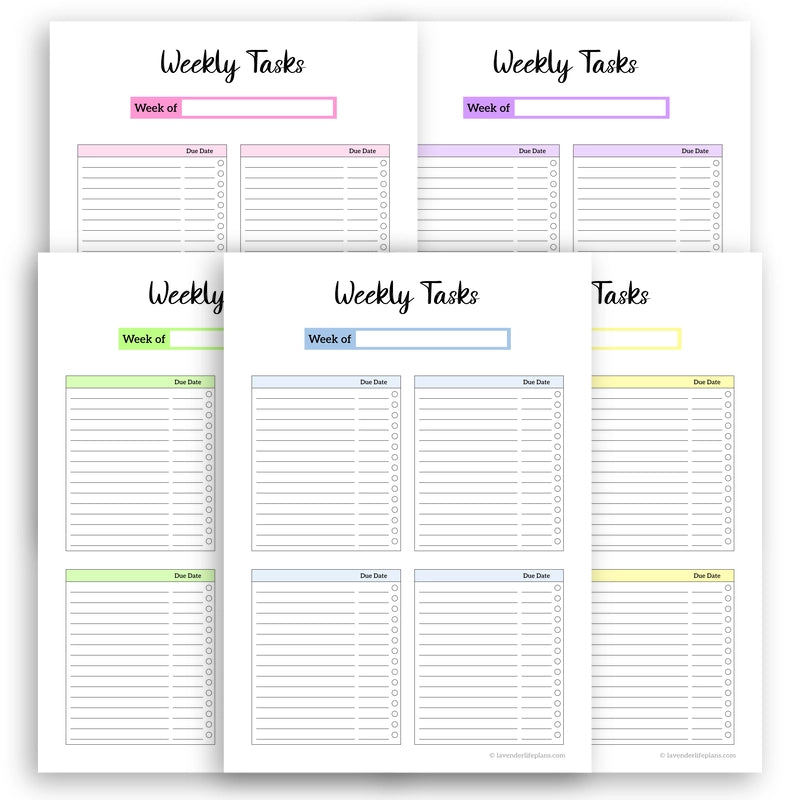 The customizable version of the Core Four printable weekly planner, with blank headers for personalization, shown in all five colors.