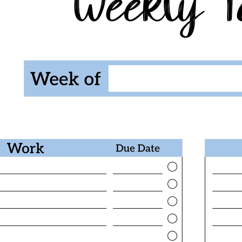 Closeup of the blue Core Four Weekly Planner printable template, highlighting the "Work" and "Home" sections with due date tracking.