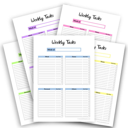 Core Four Weekly Planner printable template with pre-categorized sections (Work, Home, Personal, Others) shown in five color options.