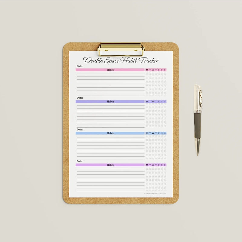 Mockup featuring the multicolor Double Space Daily & Weekly Habit Tracker printable template, designed for 4 weeks of tracking.