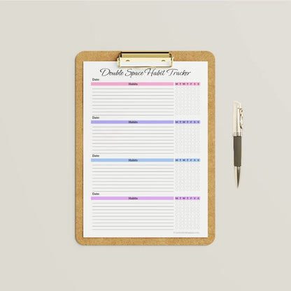 Mockup featuring the multicolor Double Space Daily & Weekly Habit Tracker printable template, designed for 4 weeks of tracking.