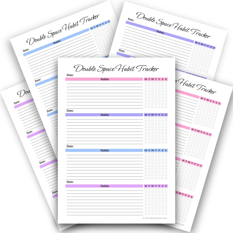 Double Space Daily & Weekly Habit Tracker printable template shown in all available color variations: multicolor, light pink, lavender, sky blue, and lilac.