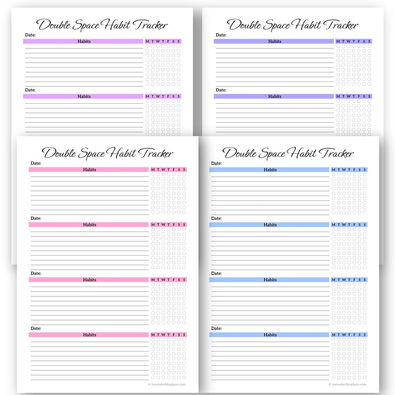 Four solid color versions of the Double Space Daily & Weekly Habit Tracker printable template: light pink, lavender, sky blue, and lilac.