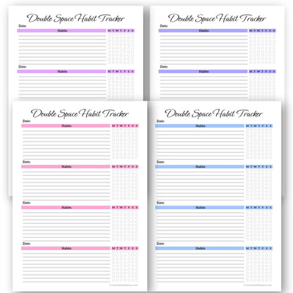 Four solid color versions of the Double Space Daily & Weekly Habit Tracker printable template: light pink, lavender, sky blue, and lilac.