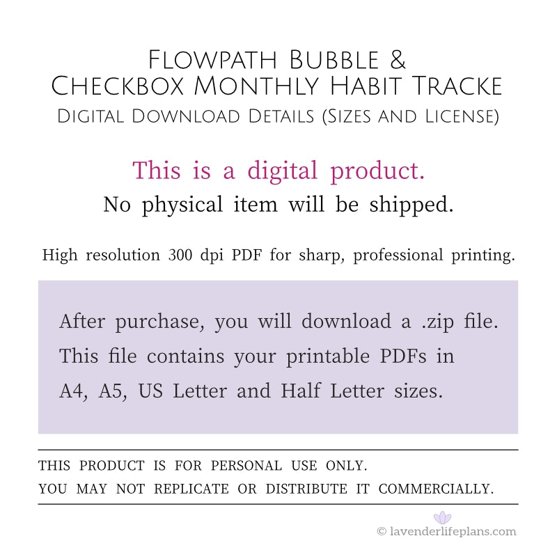 Flowpath Bubble & Checkbox Monthly Habit Tracker - Digital Download Details including file sizes and personal use license.
