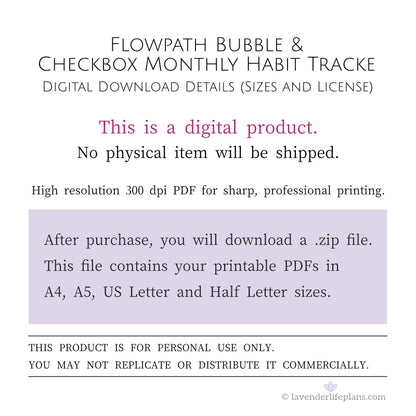 Flowpath Bubble & Checkbox Monthly Habit Tracker - Digital Download Details including file sizes and personal use license.