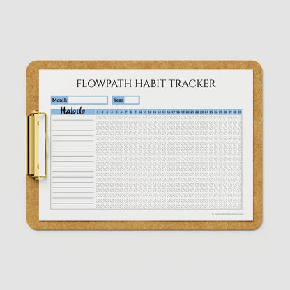 Mockup of the blank Flowpath Monthly Habit Tracker printable template on a clipboard featuring the bubble layout