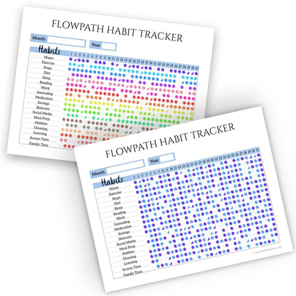 Flowpath Monthly Habit Tracker printable template showing two filled bubble examples: one multicolor, one in two blue tones.