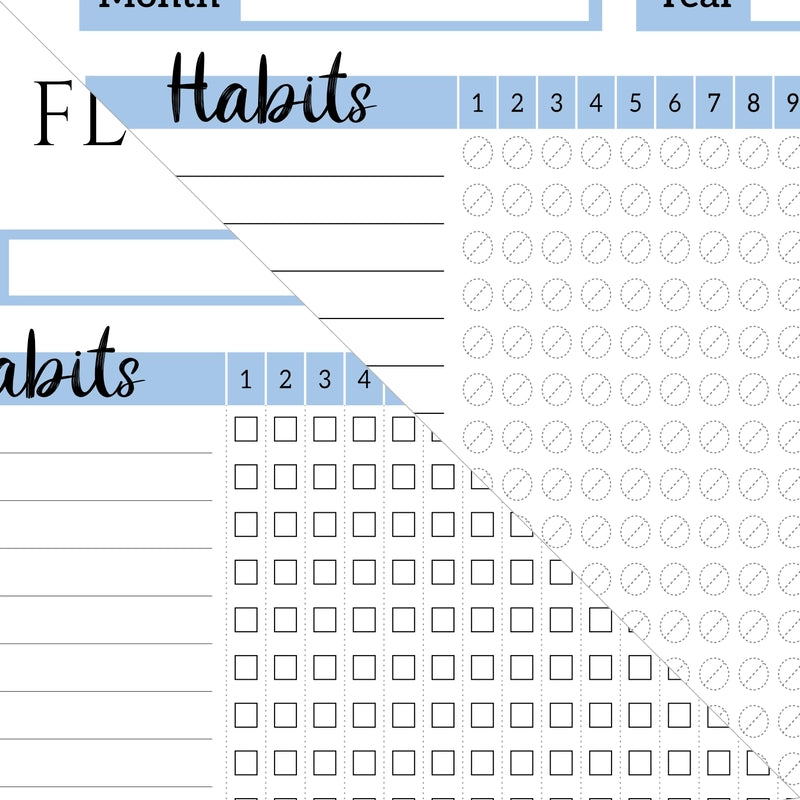 Closeup of the Flowpath Monthly Habit Tracker template (blank printable versions), highlighting bubble and checkbox options.