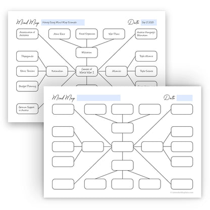 Focus Board Mind Map template in black and white shown with a blank layout alongside a filled-in example for study planning.