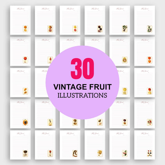 Gallery wall view of the full collection of 30 printable journal pages, showcasing all the unique vintage fruit illustrations included in the PDF set.