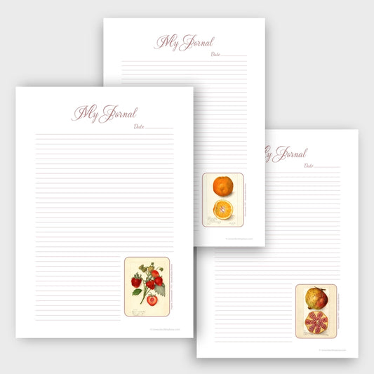 Example of three printable journal pages from the Fruits Watercolor set, each featuring a unique vintage fruit illustration and a lined template for writing.