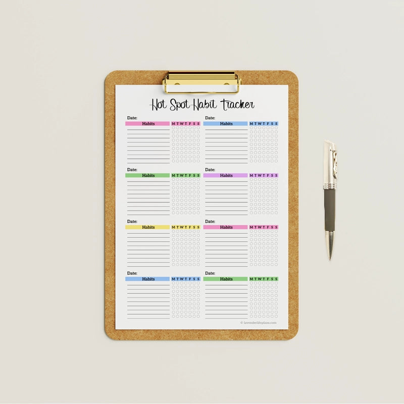 Mockup of the colorful Hot Spot Weekly Habit Tracker printable 8-box layout, ideal for visual progress tracking.