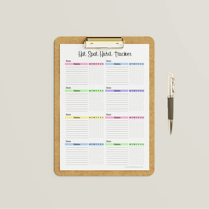 Mockup of the colorful Hot Spot Weekly Habit Tracker printable 8-box layout, ideal for visual progress tracking.