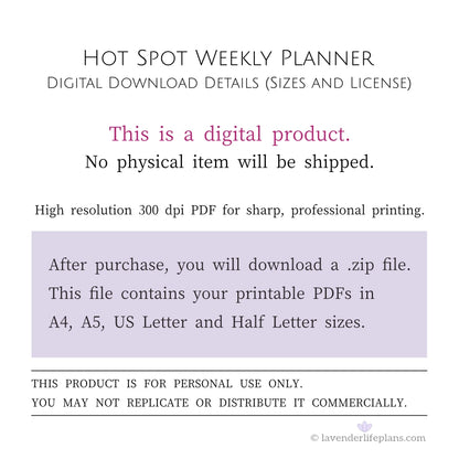 Hot Spot Weekly Habit Tracker - Digital Download Details including file sizes and personal use license.