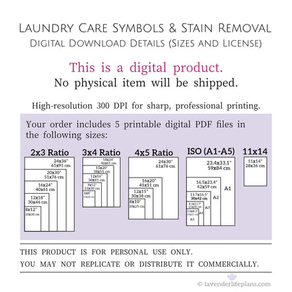 Laundry Symbols Chart & Stain Sign - Digital Download Details including file sizes and personal use license.