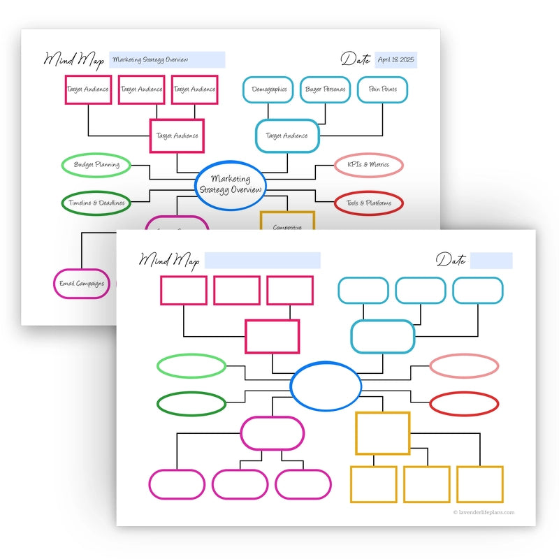 Colorful Mixed Shapes Mind Map template shown with a blank layout alongside a filled-in example for usage ideas and inspiration.