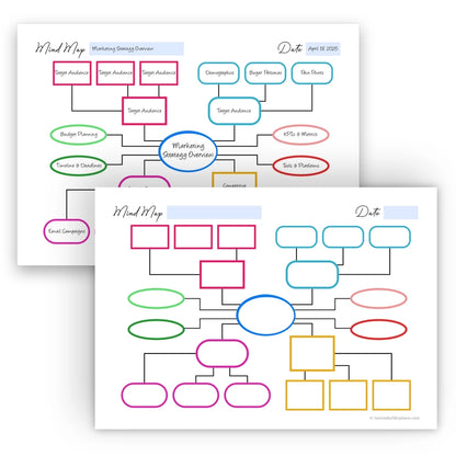 Colorful Mixed Shapes Mind Map template shown with a blank layout alongside a filled-in example for usage ideas and inspiration.