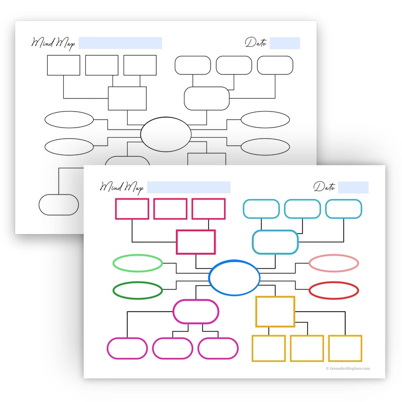Comparison showing both the colorful and black & white versions of the mixed shapes mind map template.