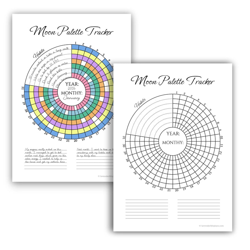 The Moon Palette habit tracker shown in two states: the black and white printable template as it is sold, and a demonstration of how a user colors it in to track habits.