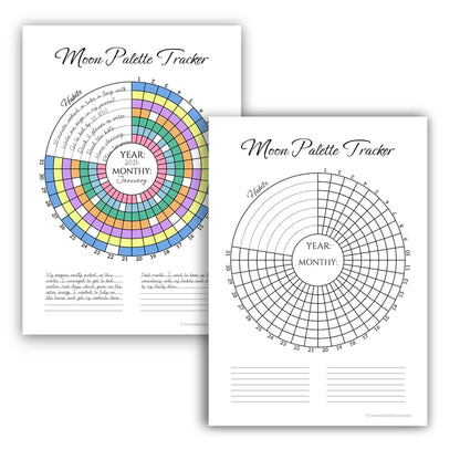 The Moon Palette habit tracker shown in two states: the black and white printable template as it is sold, and a demonstration of how a user colors it in to track habits.