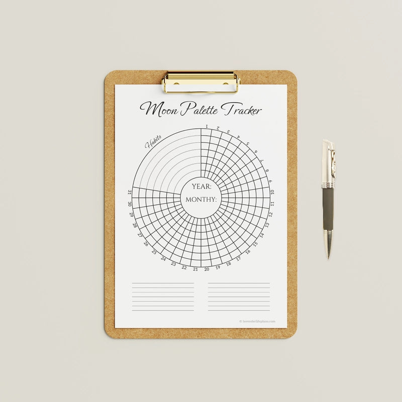 A mockup of the printed black and white Moon Palette habit tracker template on a clipboard, showcasing its clean layout for effective monthly goal tracking.