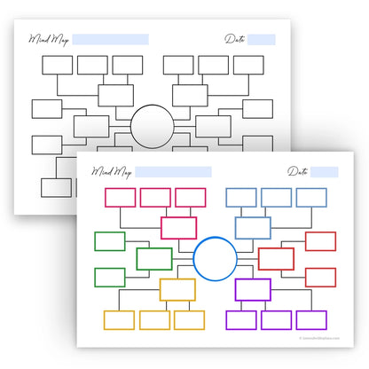 Comparison showing both the colorful and black & white versions of the rectangles mind map template printable.