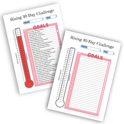 Printable Rising 30-Day Challenge template with progress thermometer, shown alongside a pre-filled example demonstrating its use for tracking goals.