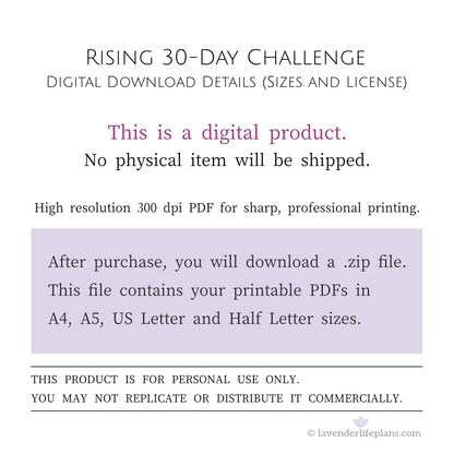 Rising 30-Day Challenge Template - Digital Download Details including file sizes and personal use license.