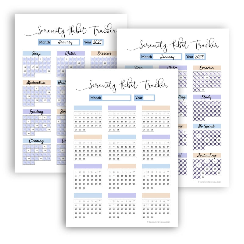 Versatile usage of the Serenity Monthly Habit Tracker Calendar template: blank printable, example colored in one hue, and another with days checked off for tracking habits.