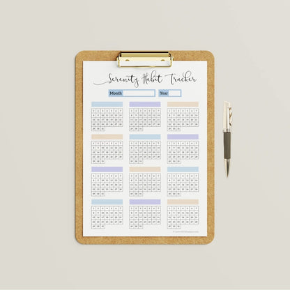 Mockup of the Serenity Monthly Habit Tracker Calendar template, a printable PDF showcasing its minimalist design for tracking up to 12 habits.