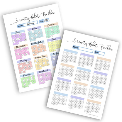 Serenity Monthly Habit Tracker Calendar template, a printable PDF shown blank and with a colorful filled-in example for tracking up to 12 habits.
