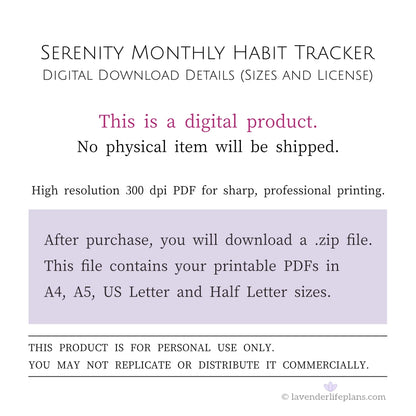 Serenity Monthly Habit Tracker Calendar - Digital Download Details including file sizes and personal use license.
