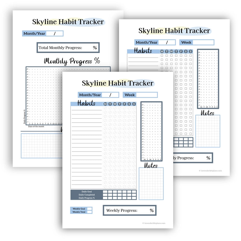 All three blank printable template pages of the Skyline Habit Tracker: weekly tracking with bubbles, weekly tracking with checkbox, and monthly progress graph.