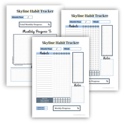 All three blank printable template pages of the Skyline Habit Tracker: weekly tracking with bubbles, weekly tracking with checkbox, and monthly progress graph.