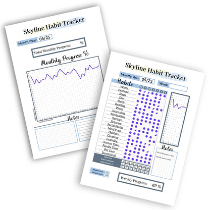 Filled example of the Skyline Habit Tracker printable template, showing its weekly tracking page with bubbles and monthly progress graph page.