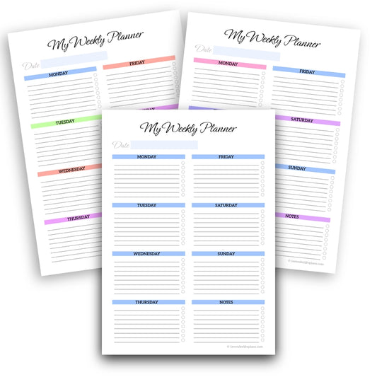 Snap Track Weekly Planner printable template shown in all three available design versions: solid Sky Blue, and two multicolor options.