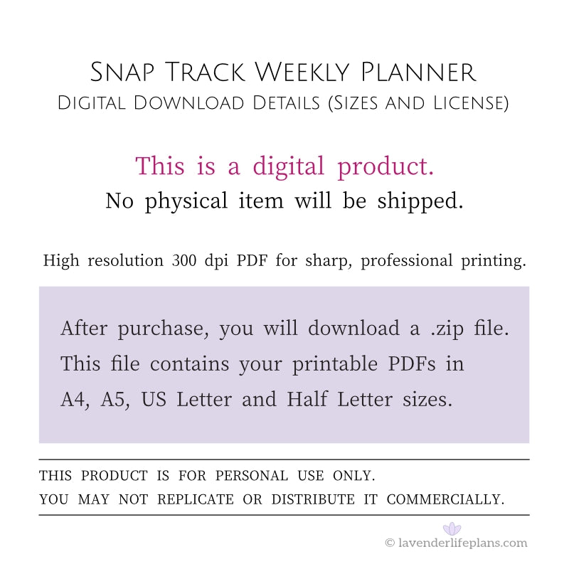 Snap Track Weekly Planner - Digital Download Details including file sizes and personal use license.