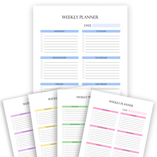 Snap Track printable weekly planner template with the blue version on top and the other colors fanned out below.