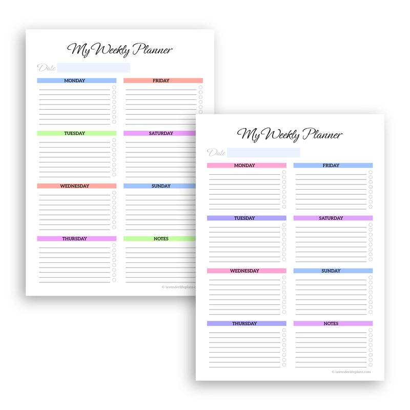 Two multicolor design options of the Snap Track Weekly Planner printable template, each featuring a daily checklist layout.